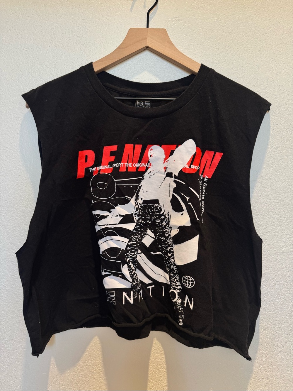 P.E Nation Black Muscle Tee with Red and White Graphic